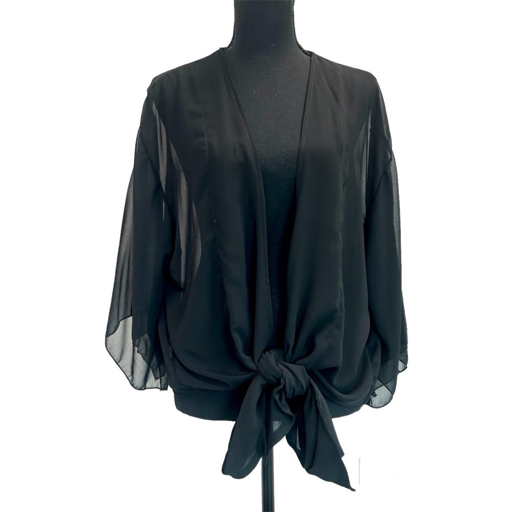 QED London black short sleeve chiffon front tie blouse Sz S/M